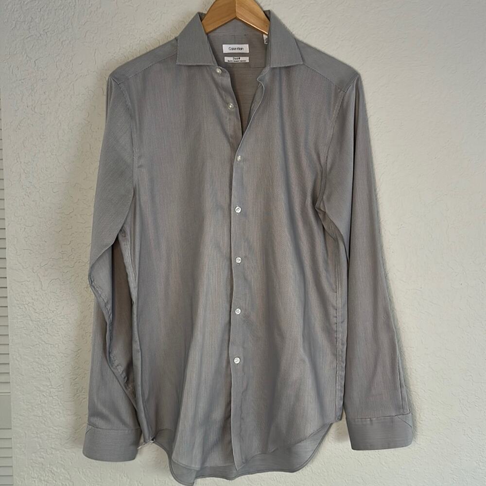 Calvin Klein Steel Grey Slim Fit Stretch Button Down Dress Shirt 15 1/2 34/35